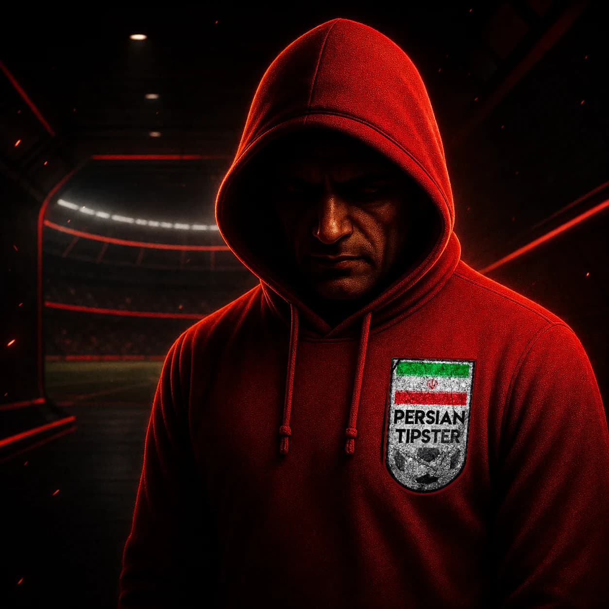 A serious analyst in a crimson hood wearing the official Persian Tipster badge in a dark stadium tunnel